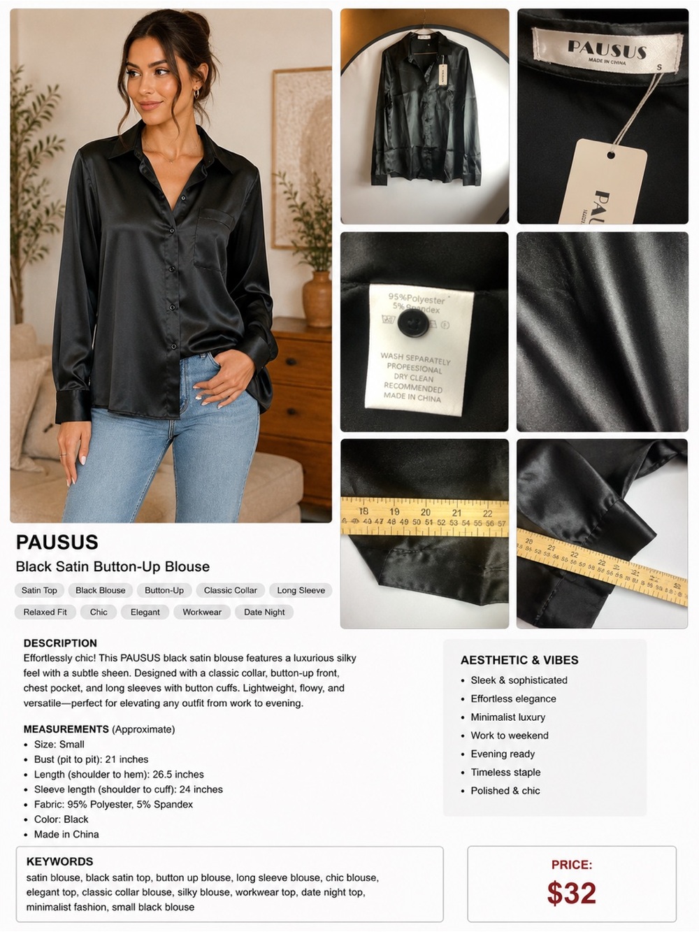 Black Satin Button-Down Shirt